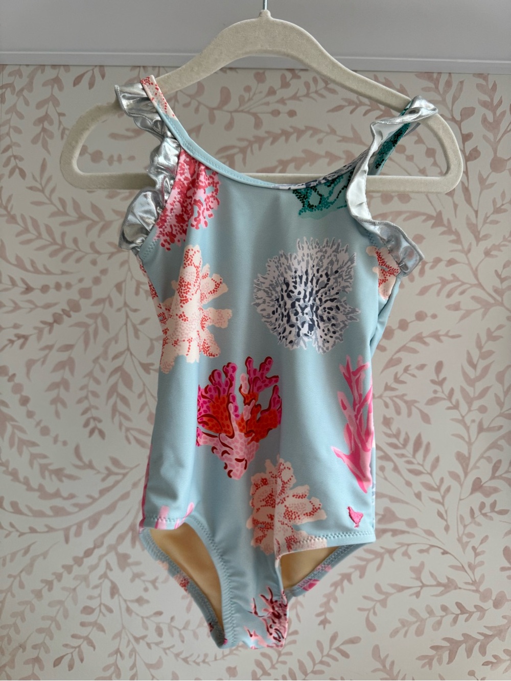 Pink Chicken Light Blue and Pink Floral Ruffled One-Piece Swimsuit